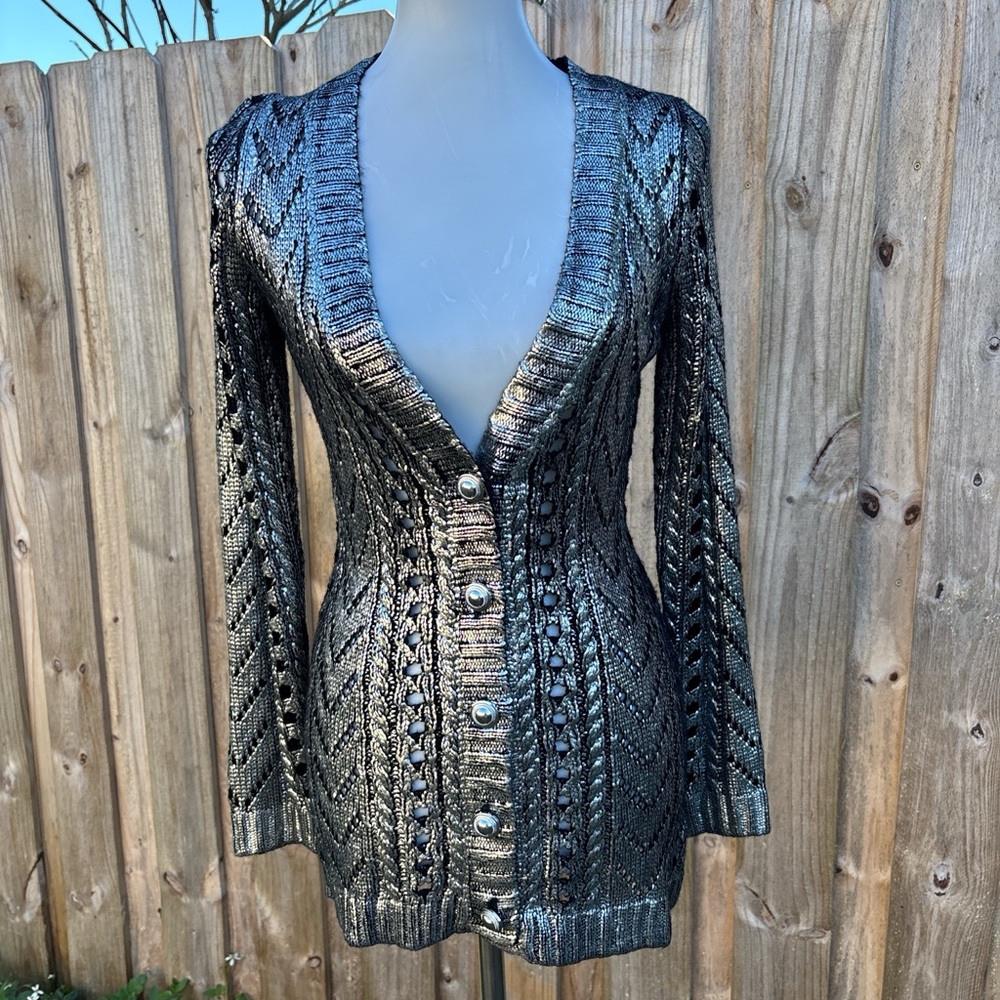Giddy Up Glamour Silver and black metallic knit button down cardigan size M